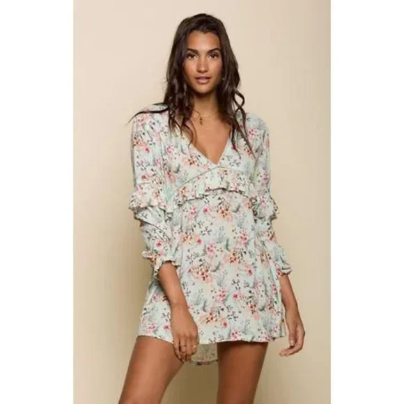 Raga Mini Dress Medium Green Pink Floral Print Secret Escape Long Sleeve - Picture 12 of 12